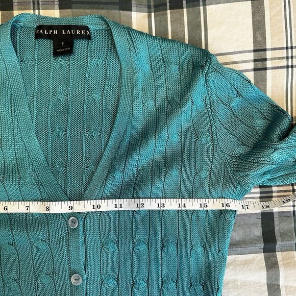 RALPH Lauren Black Label 100% silk Green Blue Cable Knit V Neck Cardigan Small - Picture 12 of 13